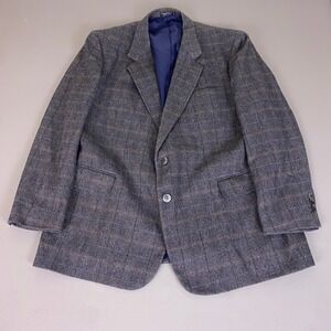 Austin Manor Blazer Men's 48L Gray Blue Plaid Herringbone‎ Wool Sport Coat EUC